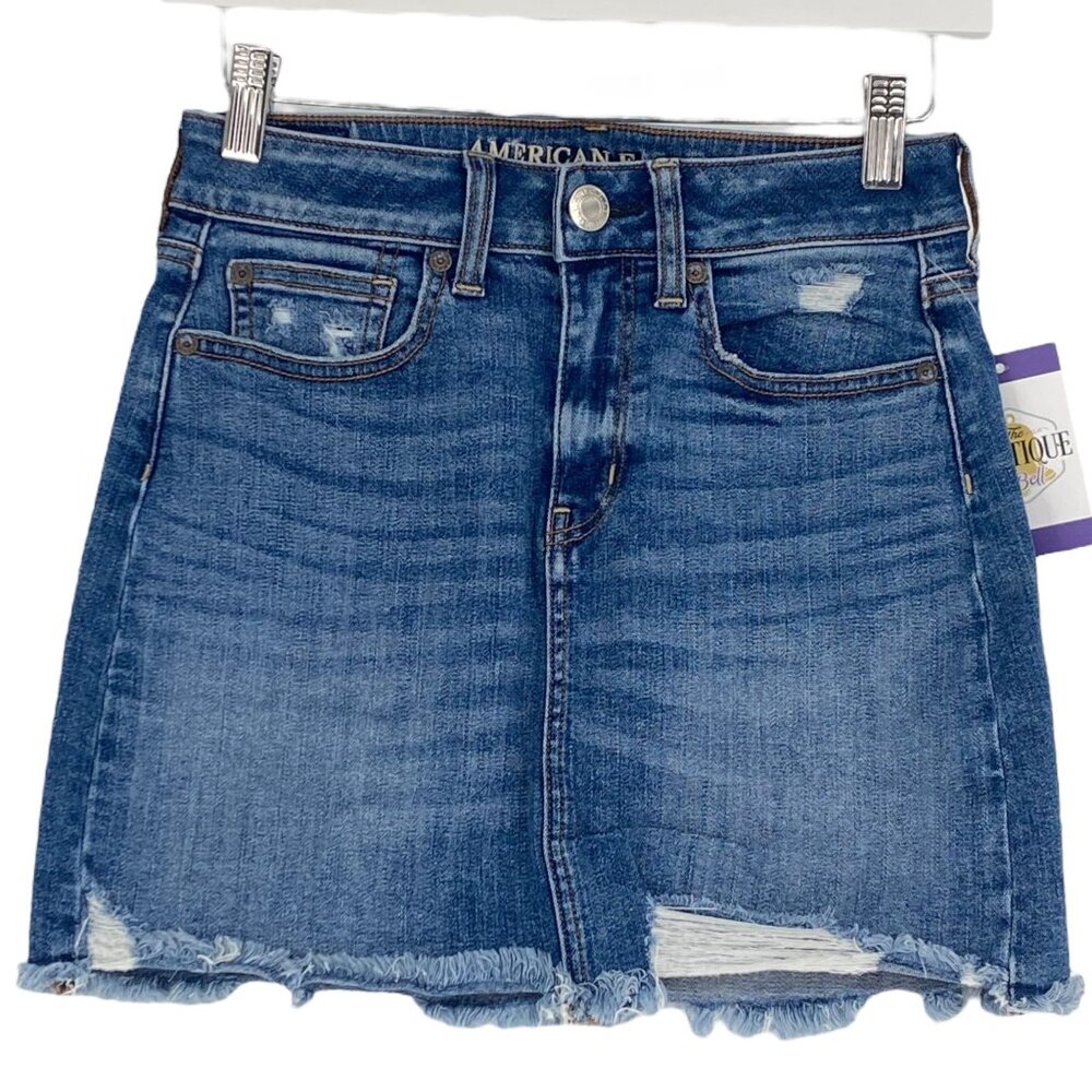 American Eagle Womens 2 Blue Jean Skirt Distressed Denim Raw Hem Super Stretch